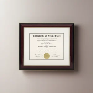 A straight-on view of a Glossy Mahogany diploma frame