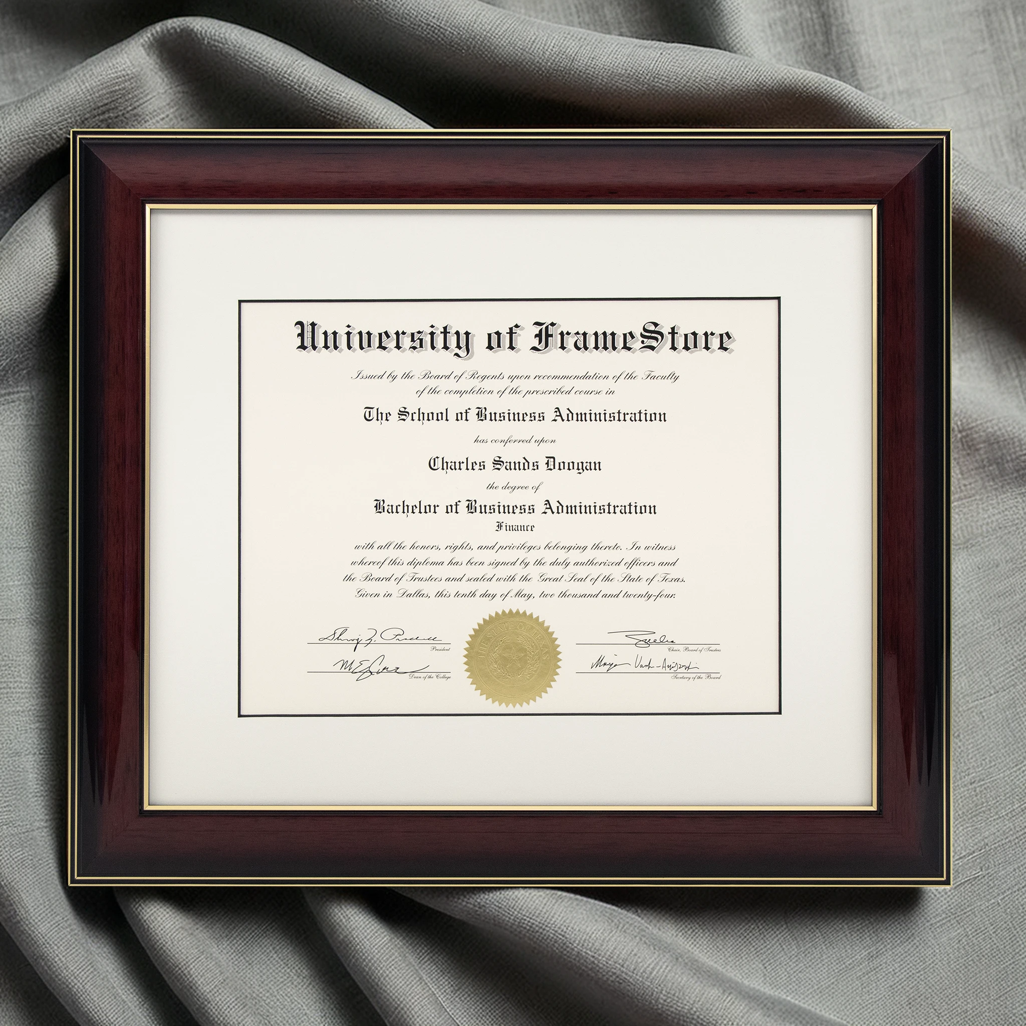 An angled perspective of a Glossy Mahogany diploma frame