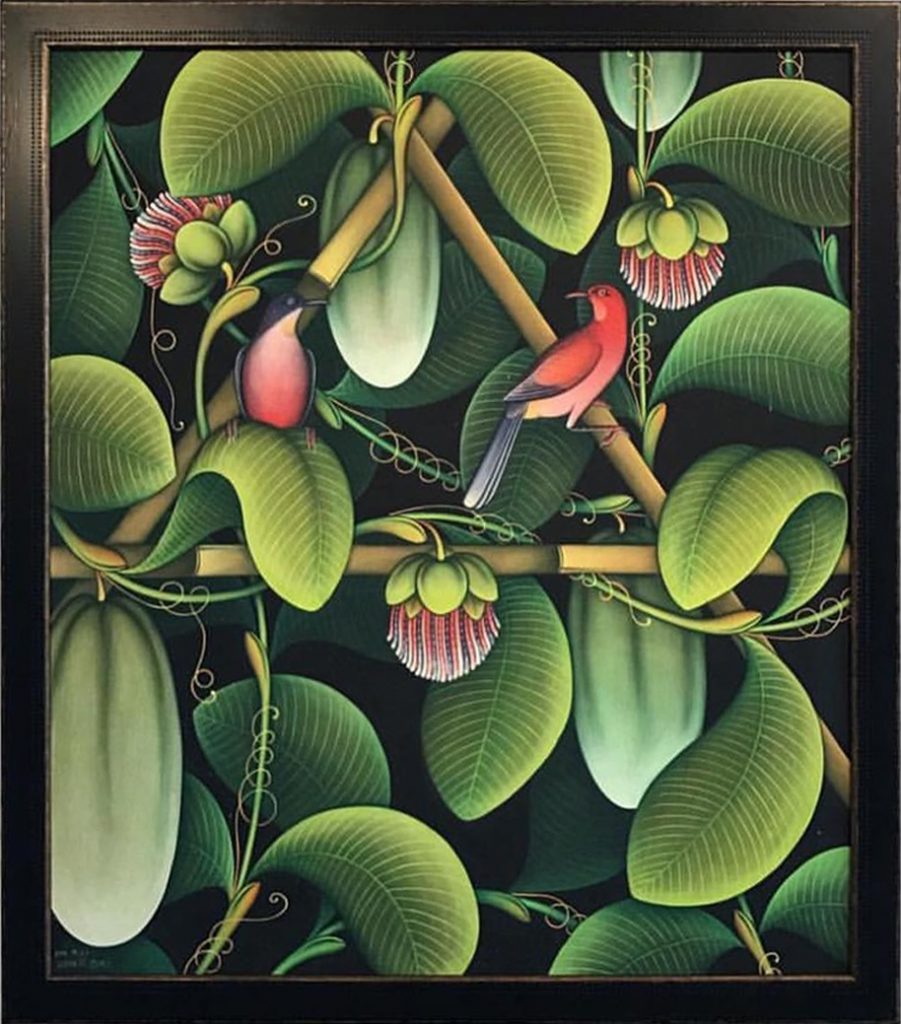 Balinese-style painting of birds on branches and big green leaves
