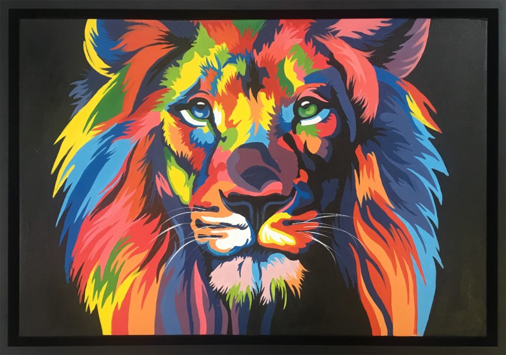 Colorful lion painting on a dark background with a modern minimalist frame