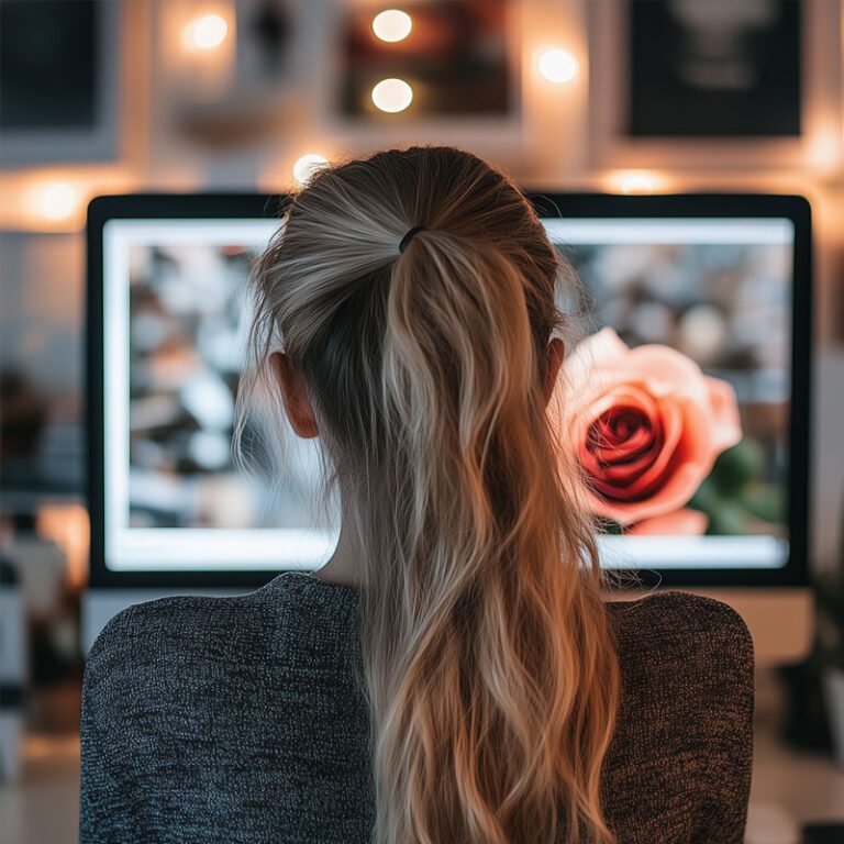 A designer retouching a beautiful picture of a peach rose.
