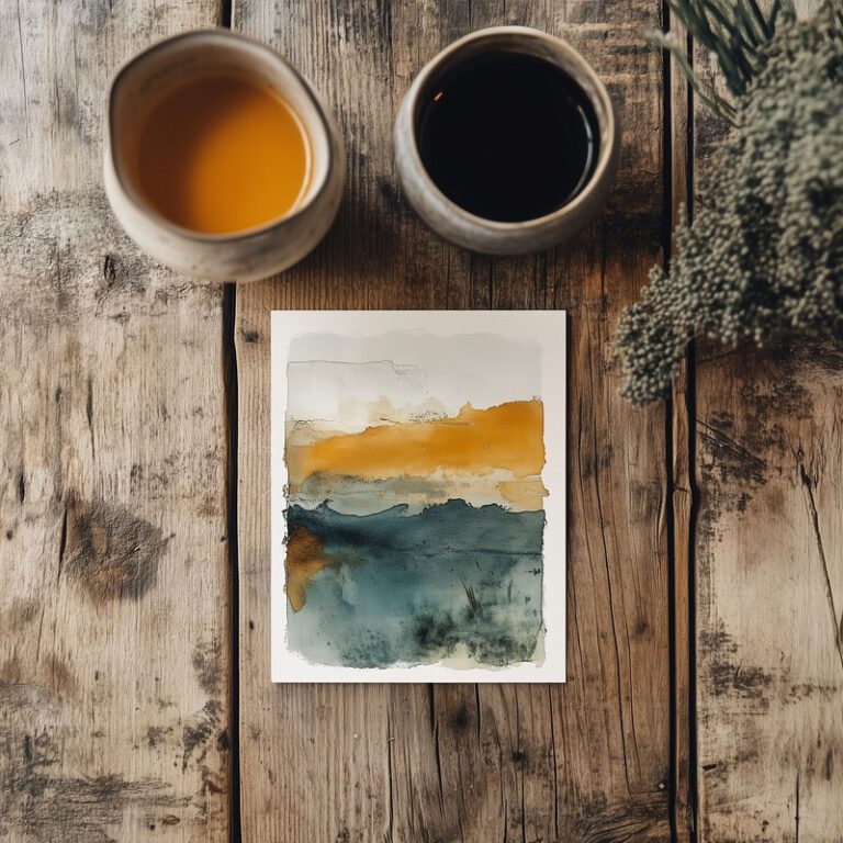 Fine art images that have been printed and set on a wooden table with tea and coffee.