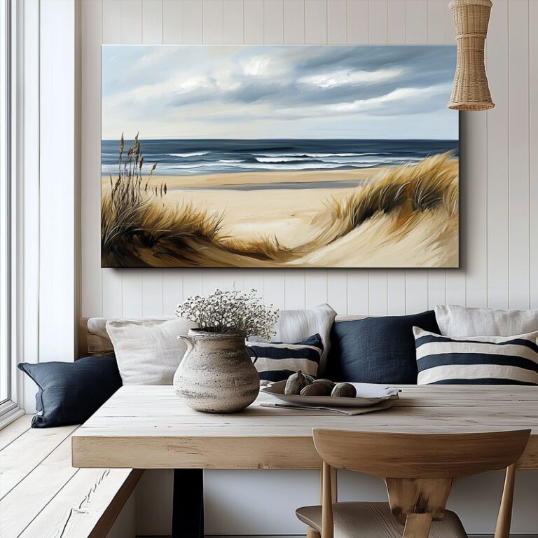 A picture of beach dunes and the ocean with light waves, printed with giclee printing techniques.