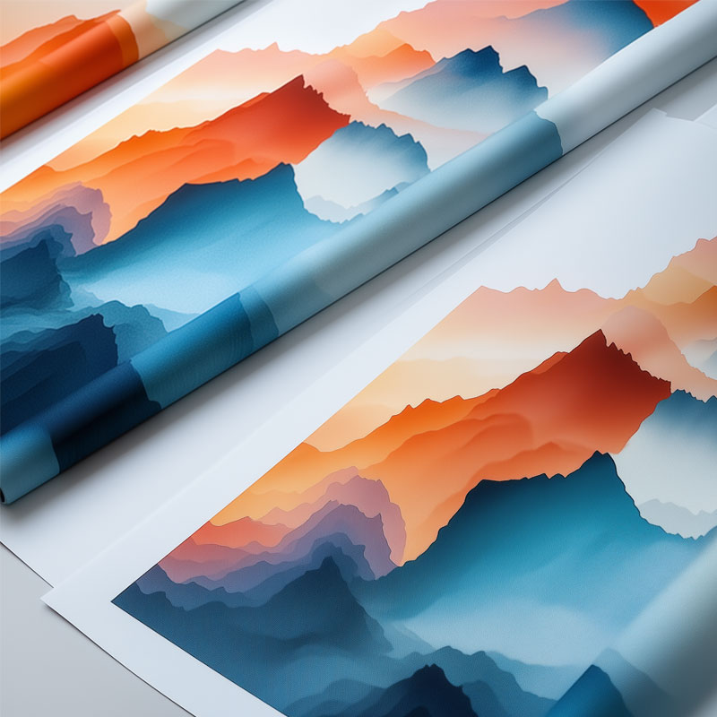 Modern abstract art print of mountains in blues and orange hues.
