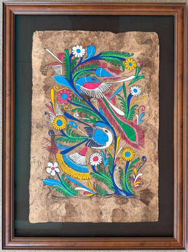 Painting of birds and flowers in a traditional-style picture frame.