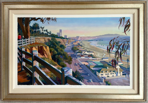 Layered custom frame and mat for panoramic cityscape painting.