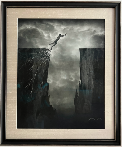 Picture of a man jumping off a crumbling cliff in a contemporary frame.
