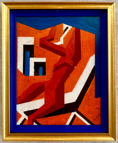 Contemporary abstract painting in a gold frame with blue mat.
