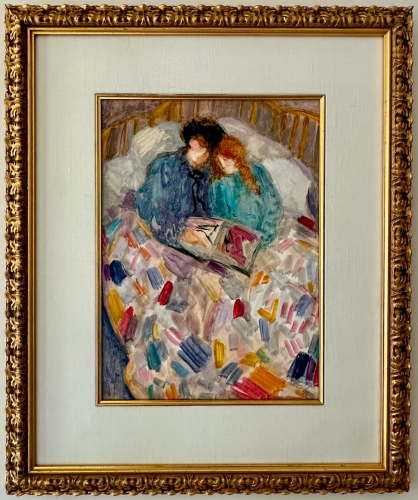 A couple lazing in bed, reading a book in a golden, decorative frame with wide matting.