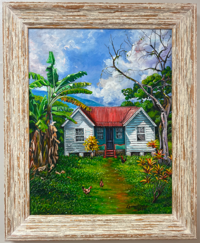 Custom fine art painting of a house and trees in a vintage-style frame.