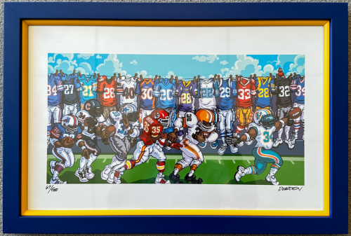 Football painting in a modern blue frame with light matting.