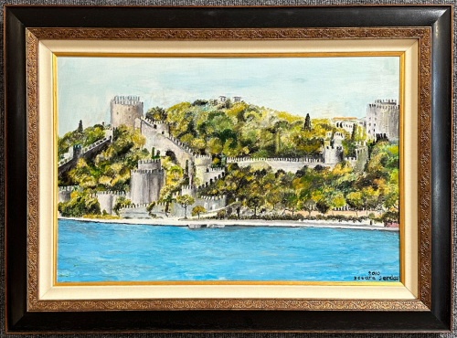 Framed painting of Rumeli Hisar castle on a hill by the Bosphorus Strait.