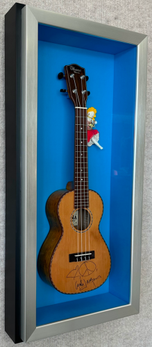 Autographed guitar mounted in a shadow box.