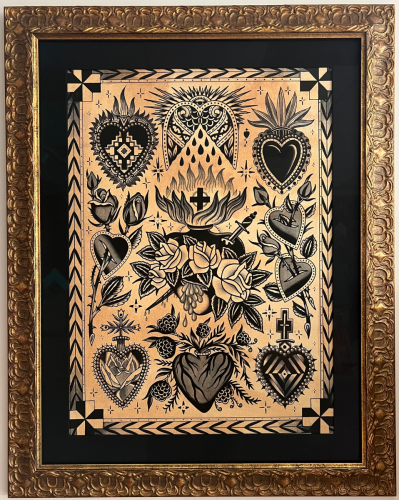 Modern Sacred Heart art with complementary molded frame and dark mat.