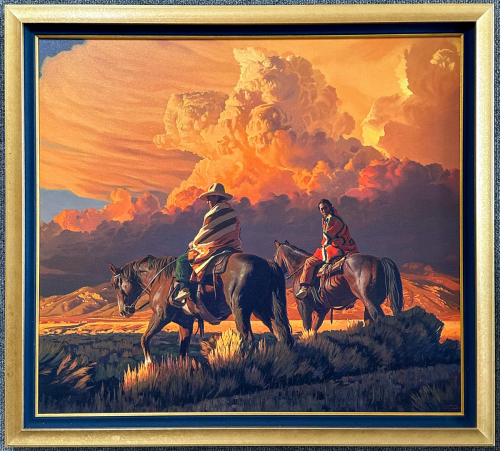 Painting of horseback riders in a modern, polished picture frame.