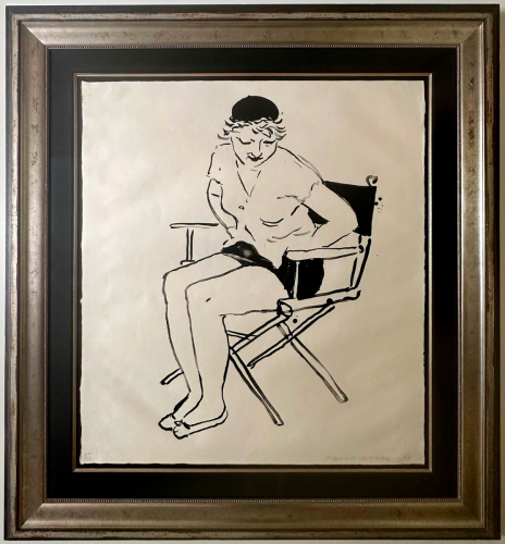 Illustration of a woman on a bench in an antique-style picture frame.