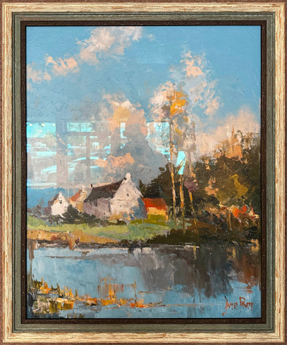 Impasto oil painting in a custom wooden picture frame.