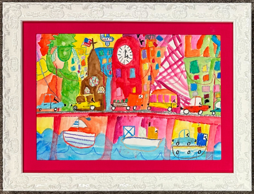 Kids' art in a textured frame with embossed matting.