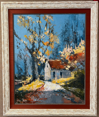 Light, rustic-style frame with red matting for an impasto painting.