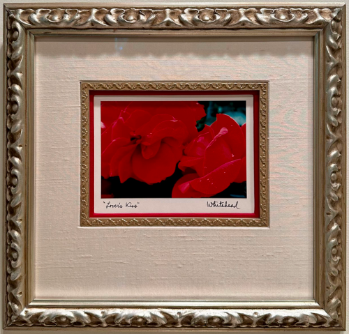 Intricately molded frame with matting for fine arts.