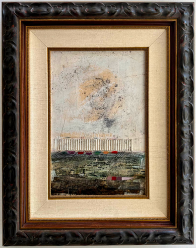 Music art in a dark, molded picture frame with light matting.