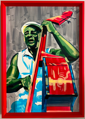 Vibrant painting with a simple red border of a musician playing bass.