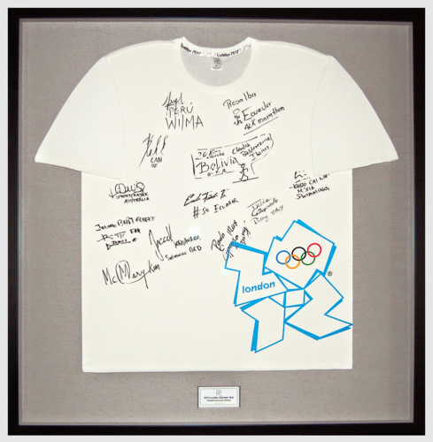 Autographed 2012 Olympics t-shirt in a custom shadow box.