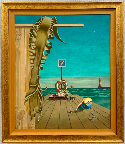 Earthy, textured frame and matting to complement the artwork of seaweed against the sky.