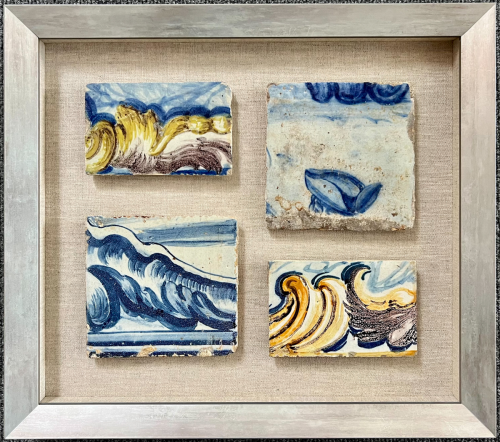 Painted tile mementos in a custom shadow box.
