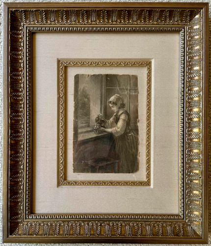 Antique-style custom frame and wide mat for a vintage picture.